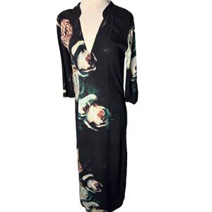 Stillwater women maxi dress sheath Floral sleeve black side buttons and pock USA